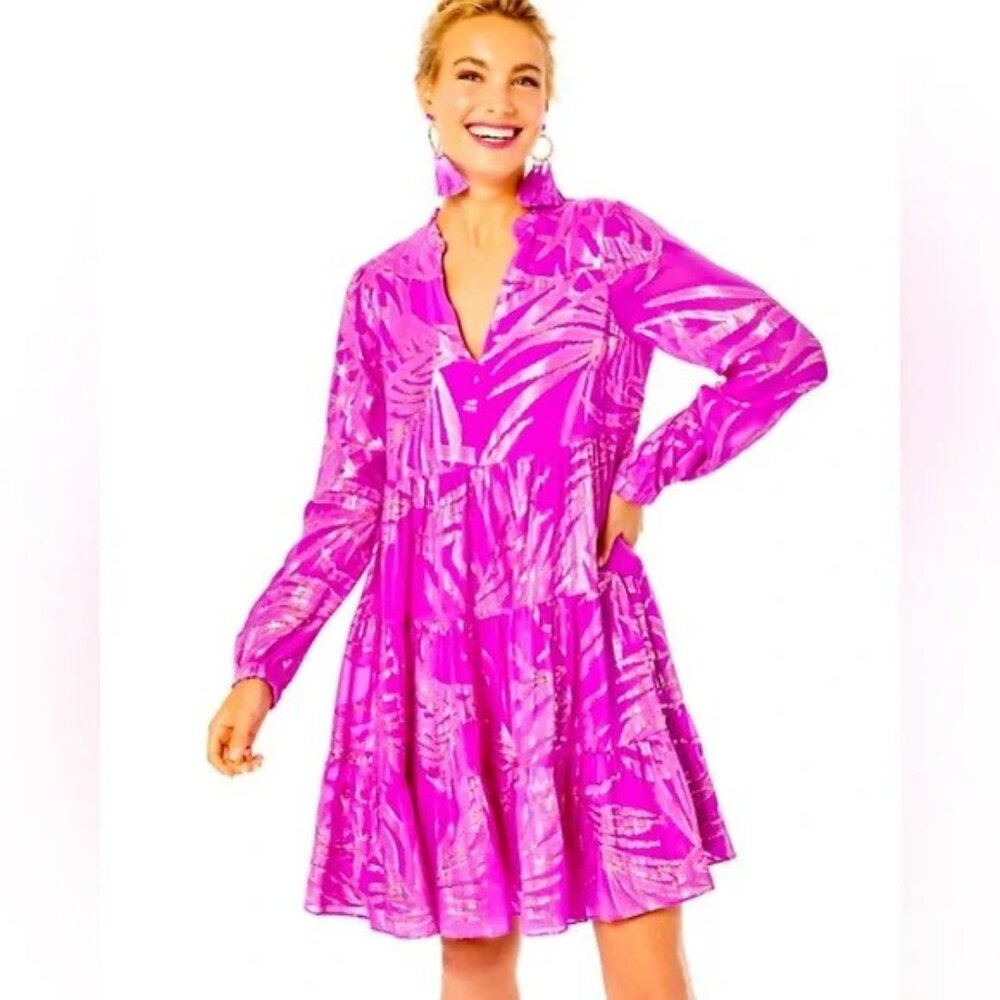 Lilly Pulitzer Sarita Silk Dress Size 6 Wild Fuchsia Palm Leaf Silk Clip Chiffon
